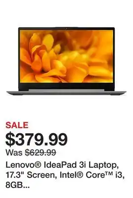 Office Depot Lenovo ideapad 3i laptop, 17.3 screen, intel core i3, 8gb memory, 256gb solid state drive, wi-fi 6, windows 11, 82rl0007us offer