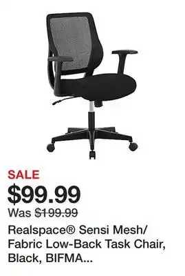 Office Depot Realspace sensi mesh/fabric low-back task chair, black, bifma compliant offer