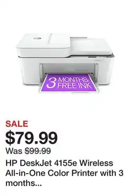 Office Depot Hp deskjet 4155e wireless all-in-one color printer with 3 months free ink with hp+ (26q90a) offer