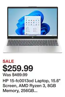 Office Depot Hp 15-fc0013od laptop, 15.6 screen, amd ryzen 3, 8gb memory, 256gb solid state drive, wi-fi 6, windows 11 home offer