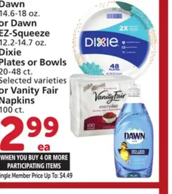 Albertsons Dawn 14.6-18 oz. or dawn ez-squeeze 12.2-14.7 oz. dixie plates or bowls 20-48 ct. selected varieties or vanity fair napkins 1 offer