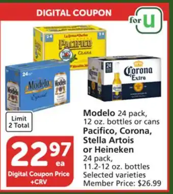 Vons Modelo 24 pack, 12 oz. bottles or cans pacifico, corona, stella artois or heineken 24 pack, 11.2-12 oz. bottles offer