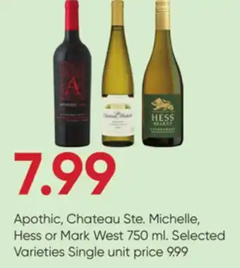Stater Bros Apothic, chateau ste. michelle, hess or mark west offer