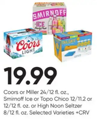 Stater Bros Coors or miller 24/12 fl. oz., smirnoff ice or topo chico 12/11.2 or 12/12 fl. oz. or high noon seltzer 8/12 fl. oz offer