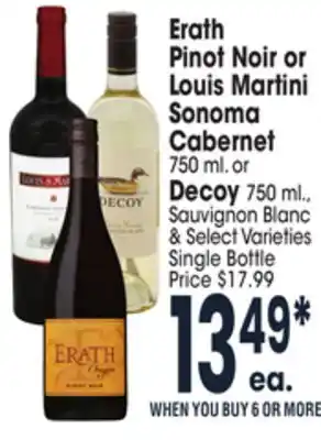 Jewel-Osco Erath pinot noir or louis martini sonoma cabernet 750 ml. or decoy 750 ml., sauvignon offer