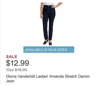 Costco Gloria Vanderbilt Ladies' Amanda Stretch Denim Jean offer