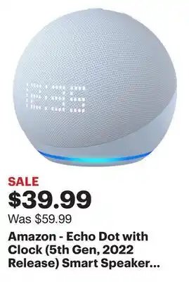 Best Buy Amazon - echo dot with clock (5th gen, 2022 release) smart speaker with alexa - cloud blue offer
