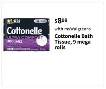 Walgreens Cottonelle bath tissue, 9 mega rolls offer