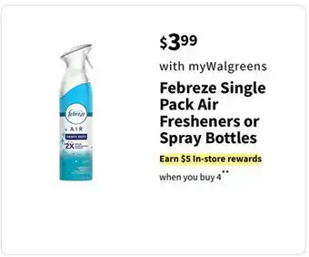 Walgreens Febreze single pack air fresheners or spray bottles offer