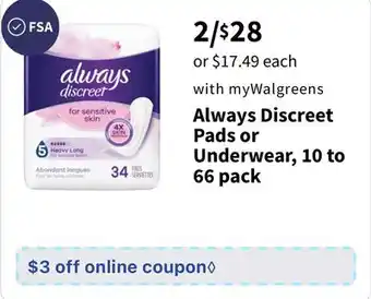 Walgreens Always discreet pads or underwear, 10 to 66 pack offer