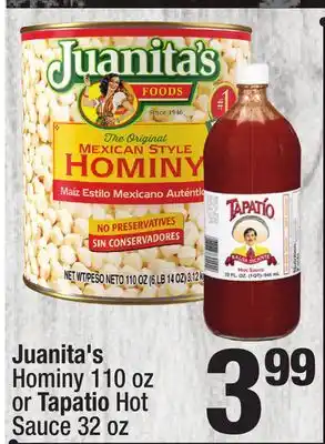 Super King Markets Juanita's hominy 110 oz or tapatio hot sauce 32 oz offer