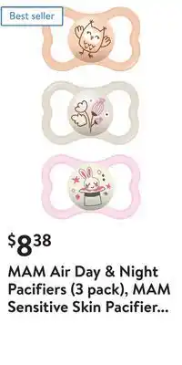 Walmart Mam air day & night pacifiers (3 pack), mam sensitive skin pacifier 6+ months, glow in the dark pacifier, best pacifier for b offer