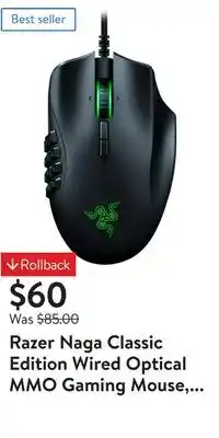 Walmart Razer naga classic edition wired optical mmo gaming mouse, 12-buttons, chroma rgb, black offer