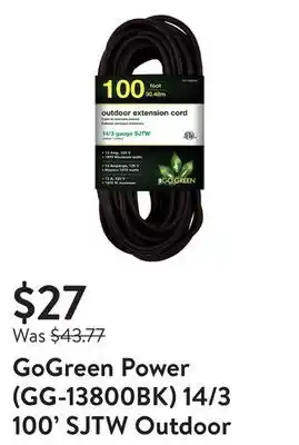 Walmart Gogreen power (gg-13800bk) 14/3 100' sjtw outdoor extension cord offer