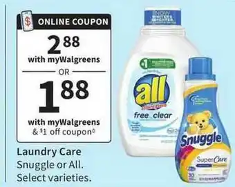 Walgreens Laundry Care Snuggle Or All Select Varieties offer