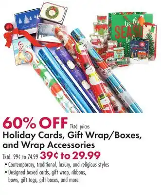 Boscov's Holiday cards, gift wrap/boxes, and wrap accessories offer