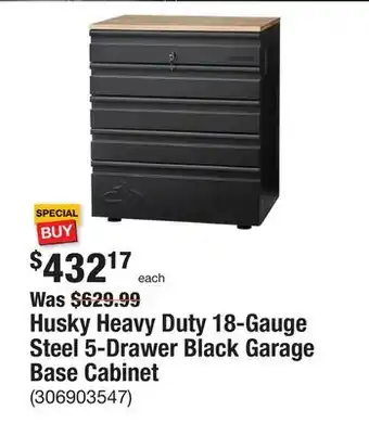 The Home Depot Husky heavy duty 18-gauge steel 5-drawer black garage base cabinet offer