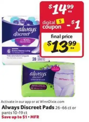 Winn Dixie Always Discreet Pads offer