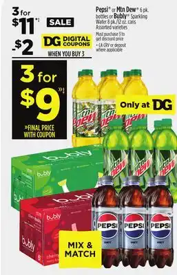 Dollar General Pepsi or mtn dew 6 pk. bottles or bubly sparkling water 8 pk./12 oz. cans offer