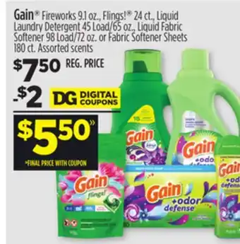 Dollar General Gain fireworks 9.1 oz., flings! 24 ct., liquid laundry detergent 45 load/65 oz., liquid fabric softener 98 load/72 oz. or fab offer