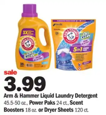 Meijer Arm & hammer liquid laundry detergent 45.5-50 oz., power paks 24 ct., scent boosters 18 oz. or dryer sheets 120 ct offer