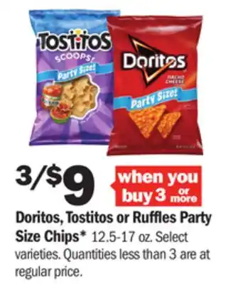 Meijer Doritos, tostitos or ruffles party size chips offer