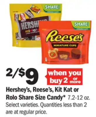 Meijer Hershey's, reese's, kit kat or rolo share size candy offer
