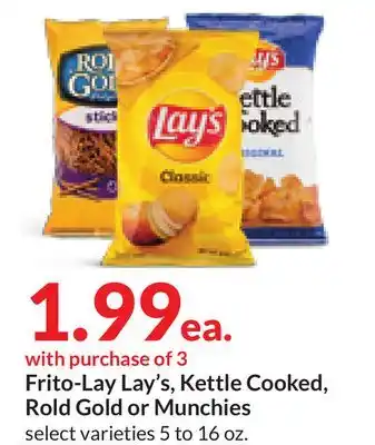 Hy-Vee Frito-lay lay's, kettle cooked, rold gold or munchies offer