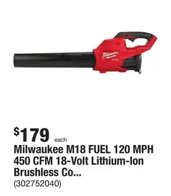 The Home Depot Milwaukee m18 fuel 120 mph 450 cfm 18-volt lithium-ion brushless cordless handheld blower (tool-only) offer
