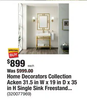 The Home Depot Home decorators collection acken 31.5 in w x 19 in d x 35 in h single sink freestanding bath vanity in radiant gold with whit offer