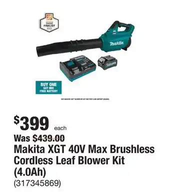 The Home Depot Makita xgt 40v max brushless cordless leaf blower kit (4.0ah) offer