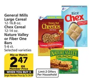 Albertsons General mills large cereal 12-16.8 oz. chex cereal 12-14 oz. nature valley or fiber one bars 5-6 ct offer