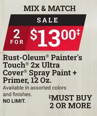 Ace Hardware Rust-oleum painter's touch 2x ultra cover spray paint + primer, 12 oz offer