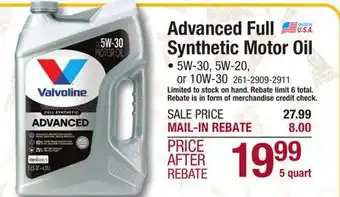 Menards Advanced full synthetic motor oil offer