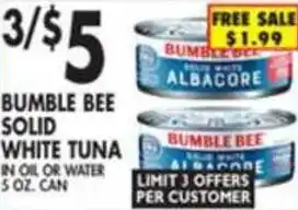 Pioneer Supermarkets Bumble Bee Solid White Tuna In Water 5 oz offer