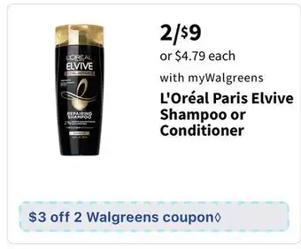 Walgreens L'oréal paris elvive shampoo or conditioner offer