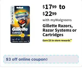 Walgreens Gillette razors, razor systems or cartridges offer