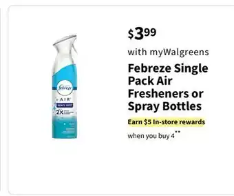 Walgreens Febreze single pack air fresheners or spray bottles offer