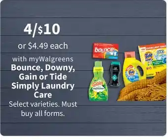 Walgreens Bounce, downy, gain or tide simply laundry care offer