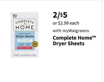 Walgreens Complete home dryer sheets offer