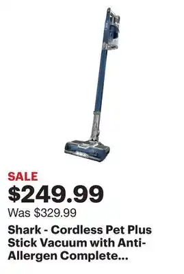 Best Buy Shark - cordless pet plus stick vacuum with anti-allergen complete seal & powerfins, self-cleaning brushroll - blue offer