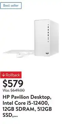 Walmart Hp pavilion desktop, intel core i5-12400, 12gb sdram, 512gb ssd, snow white, windows 11 home, tp01-3003w offer