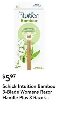 Walmart Schick intuition bamboo 3-blade womens razor handle plus 3 razor cartridge refills, made with renewable bamboo, smooth shave offer