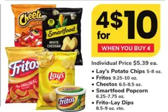 ACME Lay's potato chips 5-8 oz., fritos 9.25-10 oz., cheetos 6.5-8.5 oz., smartfood popcorn 6.25-7.75 oz., frito-lay dips 8.5-9 oz offer