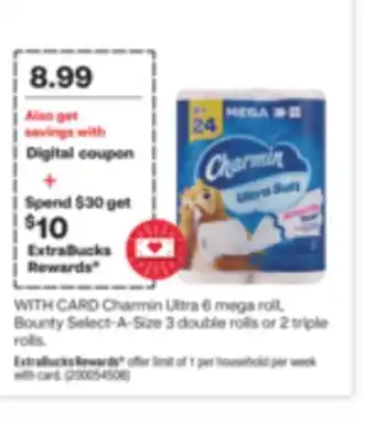 CVS Charmin ultra 6 mega roll, bounty select-a-size 3 double rolls or 2 triple rolls offer