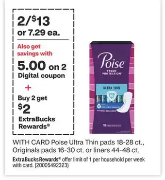 CVS Poise ultra thin pads 18-28 ct., originals pads 16-30 ct. or liners 44-48 ct offer