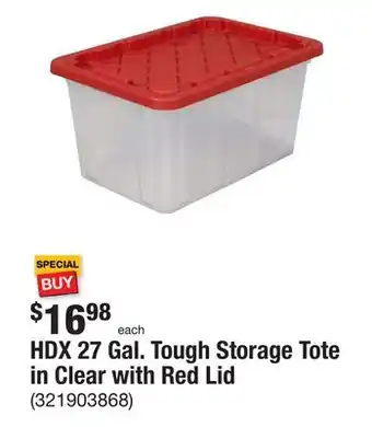 The Home Depot Hdx 27 gal. tough storage tote in clear with red lid offer