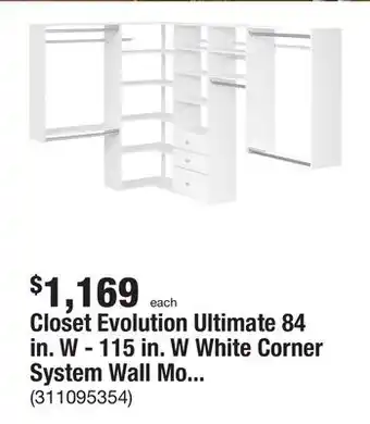 The Home Depot Closet evolution ultimate 84 in. w - 115 in. w white corner system wall mount 18-shelf wood closet system offer