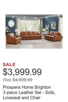 Costco Prospera home brighton 3-piece leather set - sofa, loveseat and chair offer