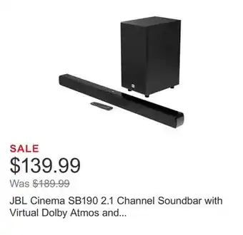 Costco Jbl cinema sb190 2.1 channel soundbar with virtual dolby atmos and wireless subwoofer offer